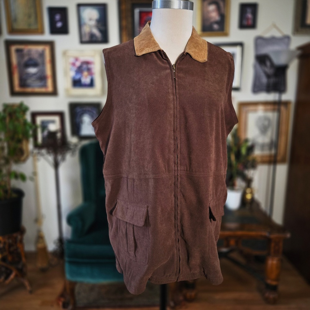 Vest Denim & Co Brown Faux Suede Leather Collar Zip Front Utility Mens Large‎ L